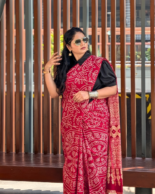 Shahi Ajrakh Saree Red