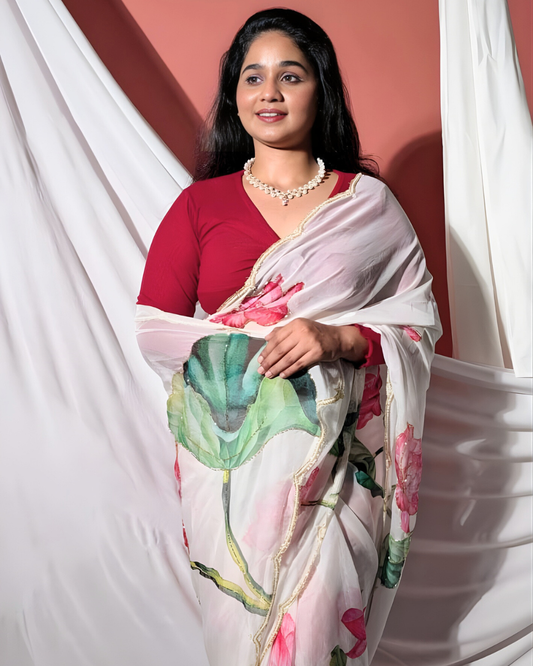 Floral White Pure Organza Saree